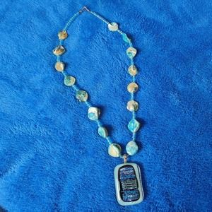 Beach Theme Glass Blue Coated Shell Beaded Glitter Rectangle Pendant Necklace